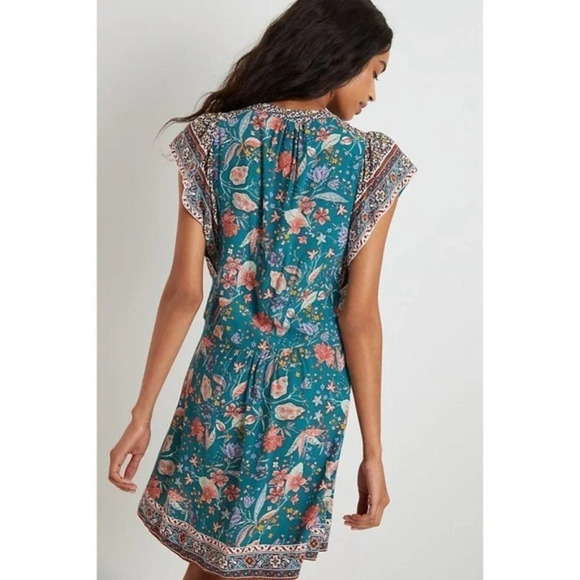 Anthropologie Floral Dress Flutter Sleeve Teal Coral XS - Picture 4 of 14